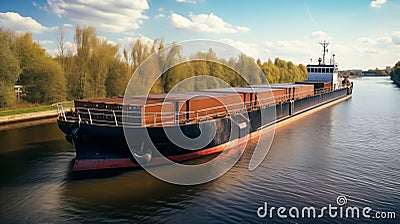 Inland waterway barge transports freight cargo efficiently.,AI, Generated, Generative Stock Photo