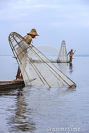 Leg rowing fisherman at Inle Lake, Shan State, Myanmar Editorial Stock Photo