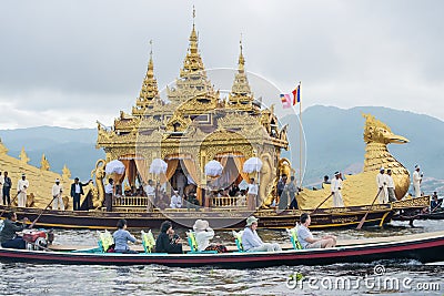 INLE-LAKE, MYANMAR - OCT 06 2014: The festival of Phaung Daw Oo Pagoda at Inle Lake is once a year are ceremonially rowed around t Editorial Stock Photo