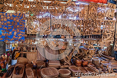 INLE, MYANMAR - NOVEMBER 28, 2016: Woodcarving souvenir stall at Inle lake, Myanm Stock Photo