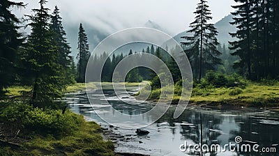 Rainy Weather Over Deciduous And Fir Trees By Inlet Stock Photo