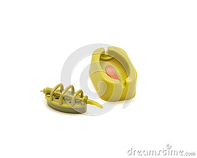 Inline flat feeder with swivel and quick release mound for carp fishing bait holder tool isolated on white Stock Photo