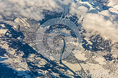 Inn Valley in Austria with city of Innsbruck in Winter - Stock Photo