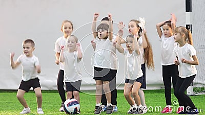 Innenfußballarena Ein Fußballteam von den Kleinkindern, die für ein Teamfoto Springen aufwerfen stock video Innenfußballarena Ein Fußballteam von den Kleinkindern, die für ein Teamfoto Springen aufwerfen stock video