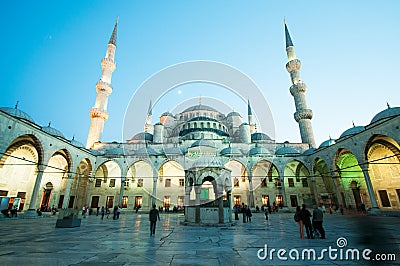 Inner courtyard in the Blue Mosque by night Editorial Stock Photo