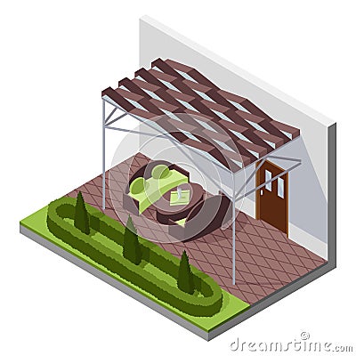 Inner courtyard isometric composition with patio. House with private terrace with covering from above. Covered veranda Vector Illustration