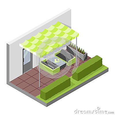 Inner courtyard isometric composition with patio. House with private terrace with covering from above. Covered veranda Vector Illustration