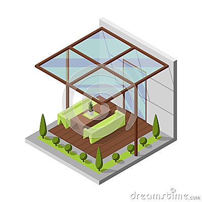 Inner courtyard isometric composition with patio. House with a private terrace and transparent glass cover. Covered Vector Illustration