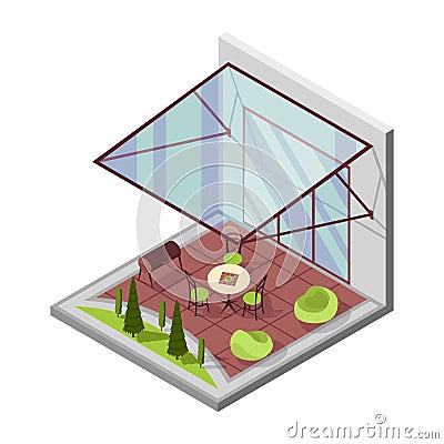 Inner courtyard isometric composition with patio. House with a private terrace and transparent glass cover. Covered Vector Illustration