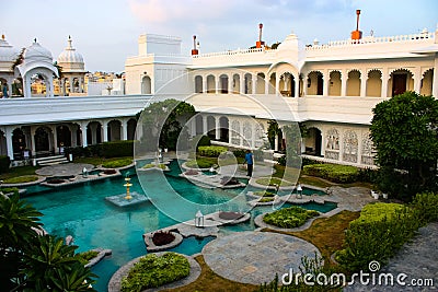 Inner courtyard of the luxury palace hotel in the middle of Lake Pichola Stock Photo