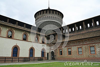 Milan, Italy, October 2021: Inner courtyard side of the walls and round corner tower in the Sforza's Castle Editorial Stock Photo
