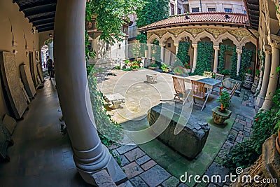 Inner courtyard of Stavropoleos monastery, Bucharest, Romania Editorial Stock Photo