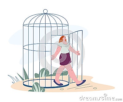 Inner freedom discovery. Stop limit life and oppressed, feeling free. Woman prison escape from cage, mental health kicky Vector Illustration