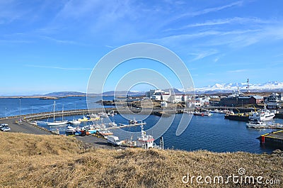 Inner Harbor of Stykkisholmur Iceland with Stone Causeway Editorial Stock Photo