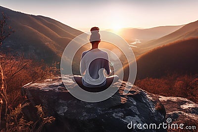 Woman practicing yoga on calm autumn hilltop. Inner Peace through Yoga: The Journey to Self. Generative Ai Stock Photo
