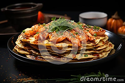 Inner Shooting Young Surprised Look Shocked Pancakes Appetizing with syrup u Stock Photo