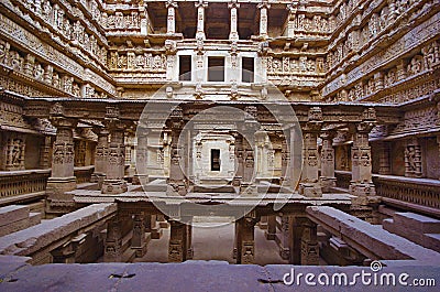 Inner view of Rani ki vav, stepwell on the banks of Saraswati River. Memorial to an 11th century AD king Bhimdev I, Patan, Gujarat Stock Photo