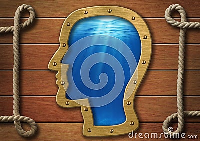 The inner world concept. Head porthole on wall and sea underwater Stock Photo