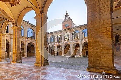 Inner yard of Archiginnasio of Bologna that houses now Municipal Library and the famous Anatomical Theatre. It is one of the most Stock Photo