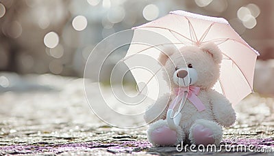 the innocence of a white and pink teddy bear holding a white umbrella, Stock Photo