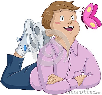 Innocent Boy Laying And Looking At Butterfly Vector Illustration