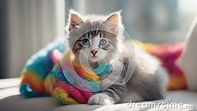 An innocent kitten with fluffy gray and white fur, playfully wrapped in a rainbow colored yarn, Stock Photo