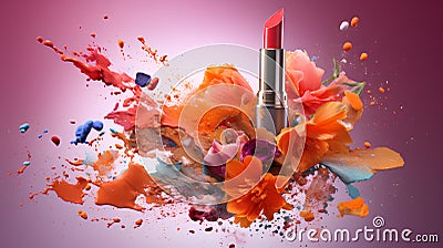 Lipstick and colorful paint splashes isolated on pink background..Generative AI Stock Photo