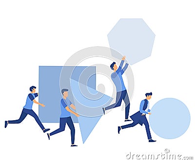 innovation in business concept, winning strategy, Businessman pushing sphere and leading the race against group other, flat vector Vector Illustration