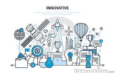 Innovation, creative thinking and creative process, brainstorming, imagination and vision. Vector Illustration