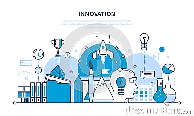 Innovation, creative thinking, process, brainstorming, imagination and vision, research. Vector Illustration