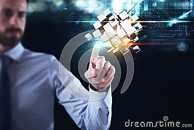 Innovation in the digital world. Businessman pointing at abstract cubes shines. 3D Rendering Stock Photo