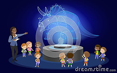 Innovation education elementary school african brown skin black hair group of kids hologram on future museum center. illust Cartoon Illustration