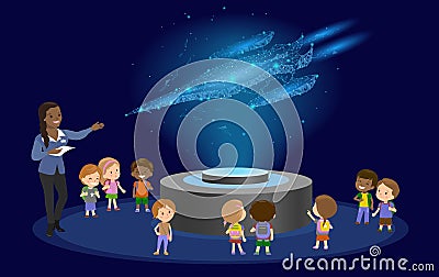 Innovation education elementary school african brown skin black hair group of kids planetarium science spaceship hologram on space Cartoon Illustration