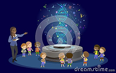 Innovation education elementary school learning technology - group of kids to molecule of DNA. hologram on biology Vector Illustration