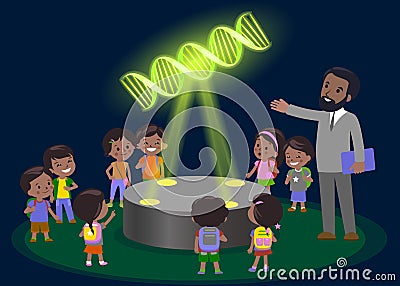 Innovation education elementary school learning technology - group of kids to molecule of DNA. hologram on biology lesson future m Stock Photo