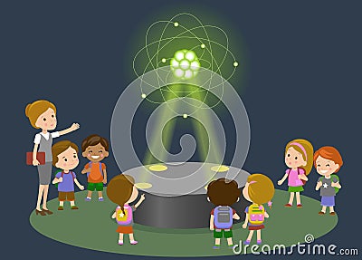 Innovation education elementary school learning technology and people concept - group of kids looking to carbon atom Vector Illustration