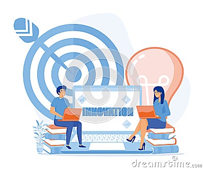 Innovation, improving career, business start concept. characters searching for new ideas and decisions rising career to success Vector Illustration