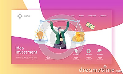 Innovation Investment Landing Page. Invest in Idea Banner with Flat Man Character and Weights with Money and Light Bulb Vector Illustration