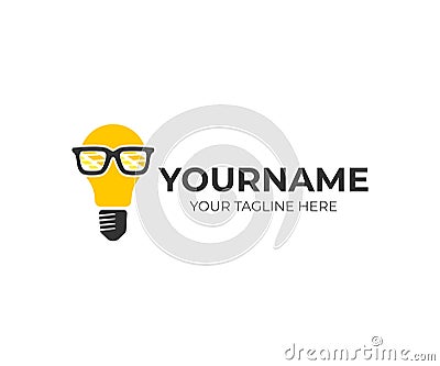 Innovation, light bulb in glasses nerd or geek, logo design. Inspiration, technology, innovative developments and discoveries, vec Vector Illustration