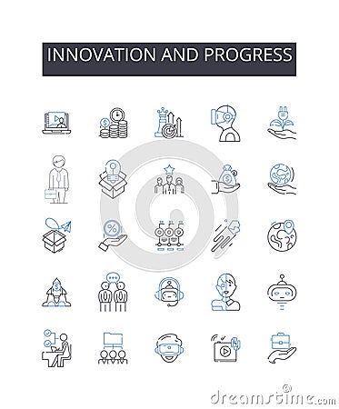 Innovation and progress line icons collection. Improvement, Advancement, Development, Modernization, Growth, Evolution Vector Illustration