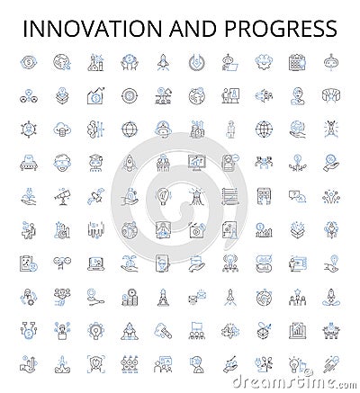 Innovation and progress outline icons collection. Innovation, Progress, Development, Advance, Improve, Enhance, Renew Vector Illustration