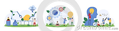 Innovation project development with AI set, tiny people build light bulb with robots arm Vector Illustration