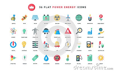 Innovation researches in energy and power production trendy flat icons set, eco mindset Vector Illustration