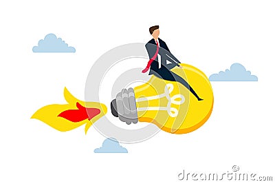 innovation start up business, happy smart businessman leader riding flying bright lightbulb lamp with rocket booster in the cloud Stock Photo