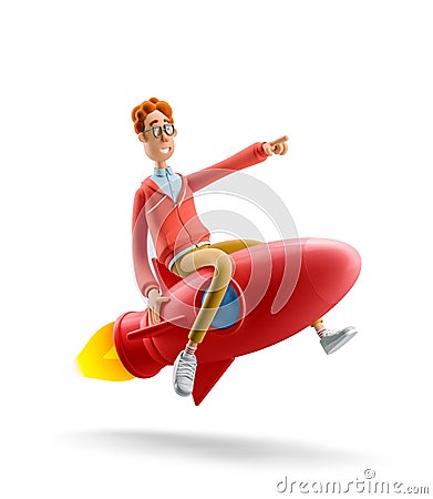 3d illustration. Nerd Larry is flying on a rocket. Innovation and Startup Concept. Cartoon Illustration