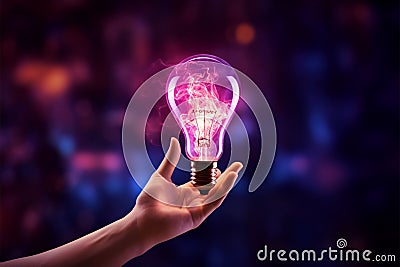 Innovation success, Hand holds glowing idea lamp in purple smoke Stock Photo