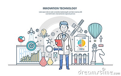 Innovation technology. Introduction of research solutions, scientific works, creative thinking. Vector Illustration