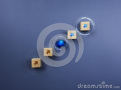 Innovation technology network concept. Arrow up icon on wooden blocks stacking as chart step connected with blue cube block. Stock Photo