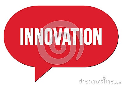 INNOVATION text written in a red speech bubble Stock Photo
