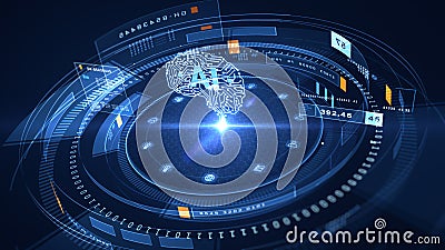 Innovative artificial intelligence interface featuring a digital brain, symbolizing AI capabilities in learning, analysis, and Stock Photo